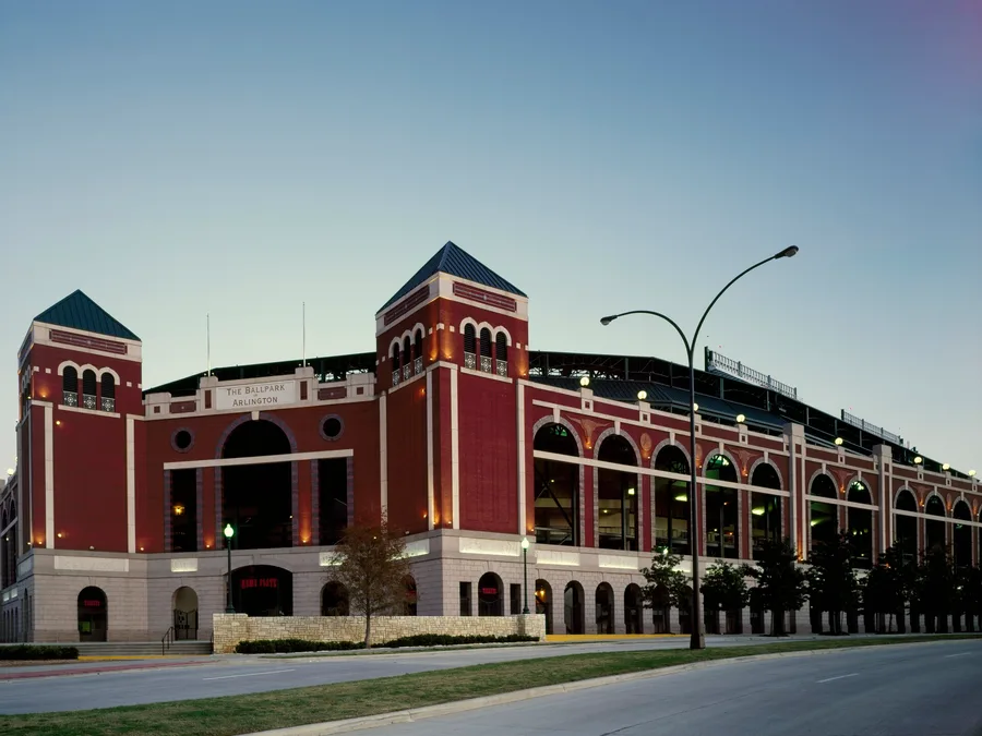 The historic Texas Rangers ballpark in Arlington at dusk
