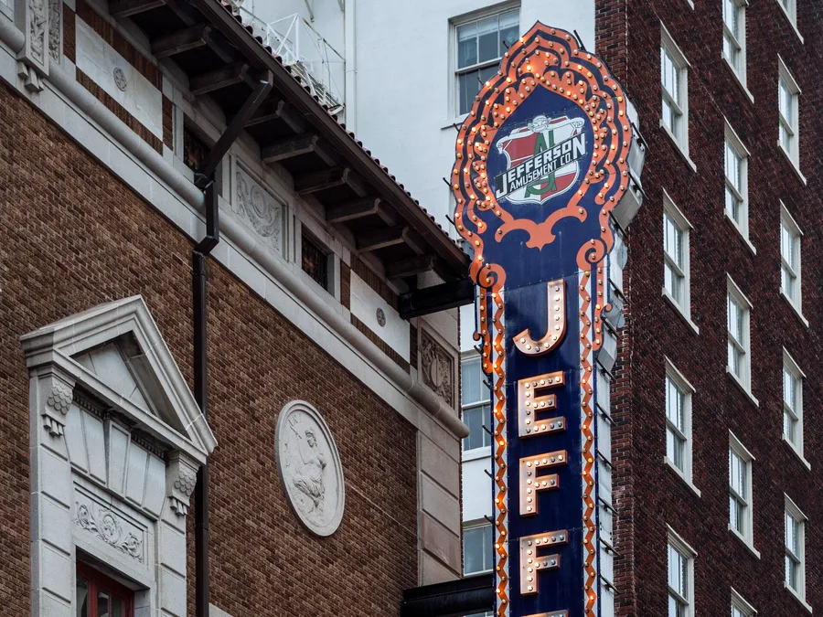 The Jefferson Theatre marquee in downtown Beaumont