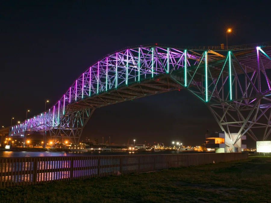 The Corpus Christi Harbor Bridge lit up at night
