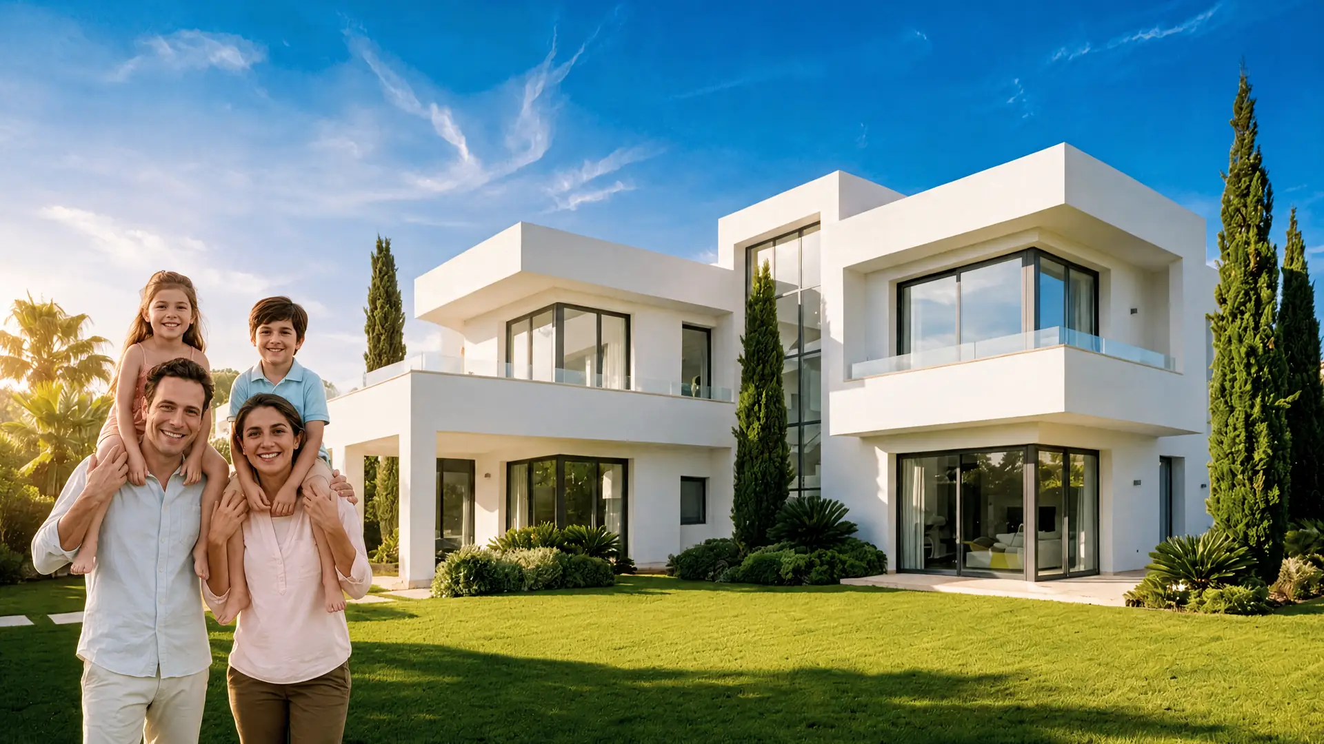 Una familia sonriente de cuatro en el jardín frente a su nueva casa moderna y blanca en un día soleado